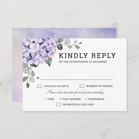 Light Blue Pink Hydrangeas en Eucalyptus bruiloft RSVP Kaartje (Voorkant / Achterkant)