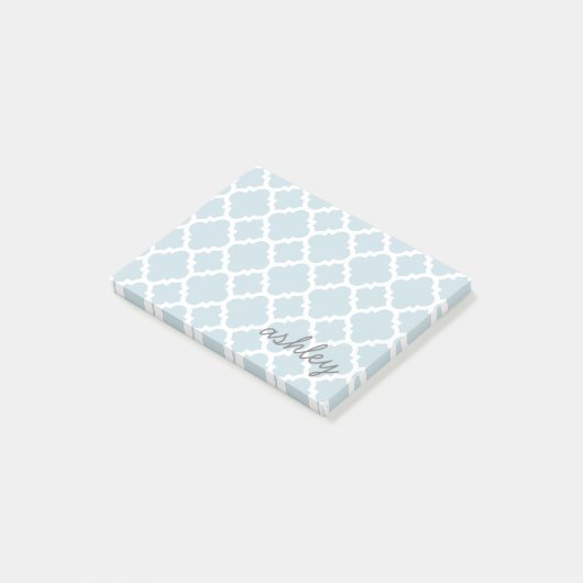 Light blue Quatrefoil Patroonscript naam Post-it® Notes (Schuin)