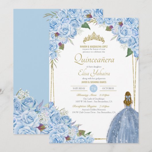 Light Blue Quinceanera Floral Roos Elegant Quince Kaart (Voorkant / Achterkant)