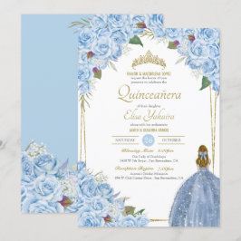 Light Blue Quinceanera Floral Roos Elegant Quince Kaart