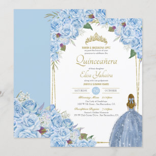 Light Blue Quinceanera Floral Roos Elegant Quince Kaart