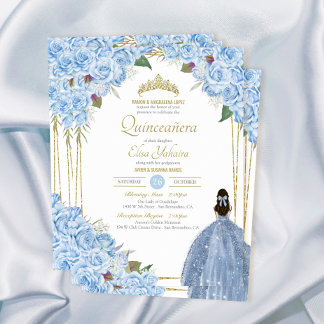 Light Blue Quinceanera Floral Roos Elegant Quince Kaart