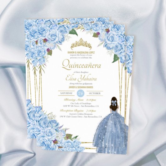 Light Blue Quinceanera Floral Roos Elegant Quince Kaart