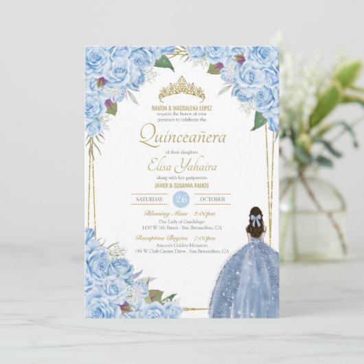Light Blue Quinceanera Floral Roos Elegant Quince Kaart (Staand voorkant)