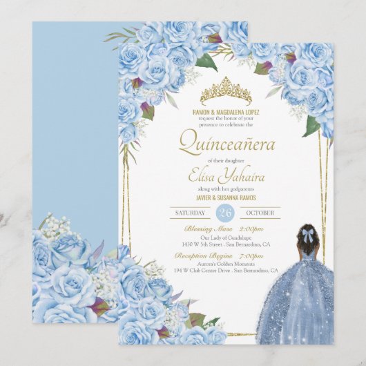 Light Blue Quinceanera Floral Roos Elegant Quince Kaart (Voorkant / Achterkant)