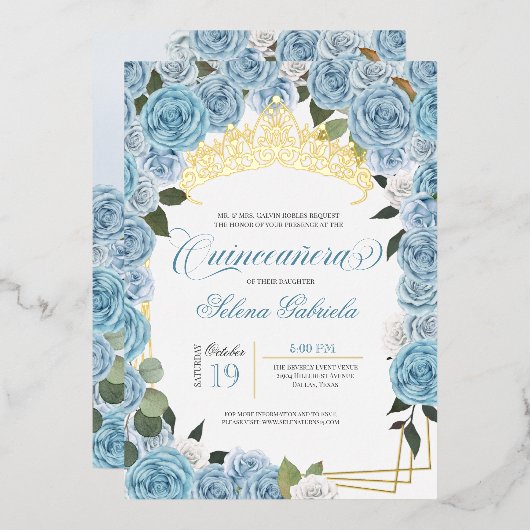 Light Blue Rozen Princess Quinceanera Real Gold Folie Uitnodiging (Voorkant / Achterkant)