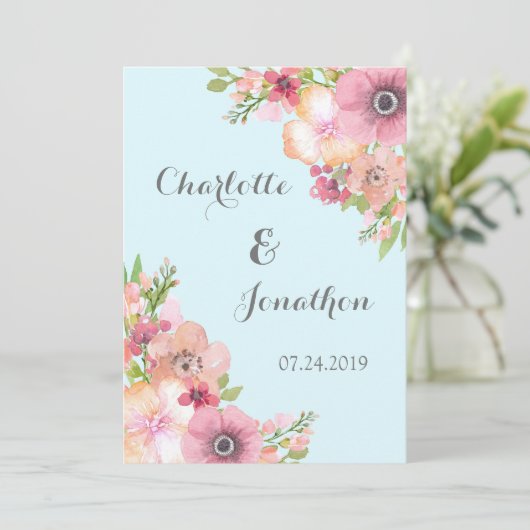 Light Blue Rustic Pink Flowers Wedding Invitations Kaart (Staand voorkant)