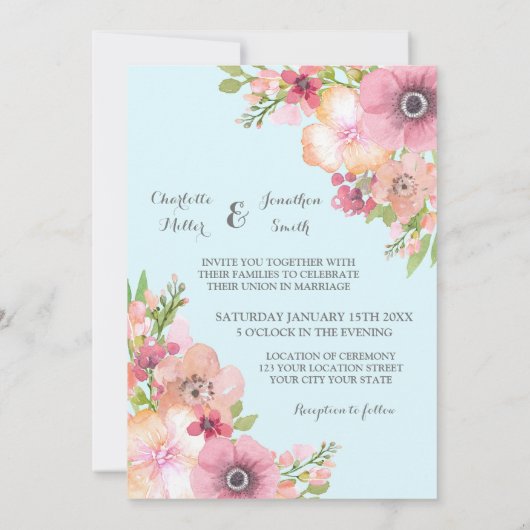 Light Blue Rustic Pink Flowers Wedding Invitations Kaart (Achterkant)