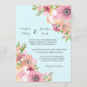 Light Blue Rustic Pink Flowers Wedding Invitations Kaart