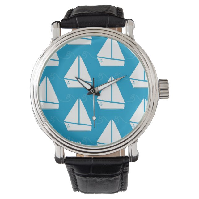 Light Blue Sailboat Patroon Horloge (Voorkant)