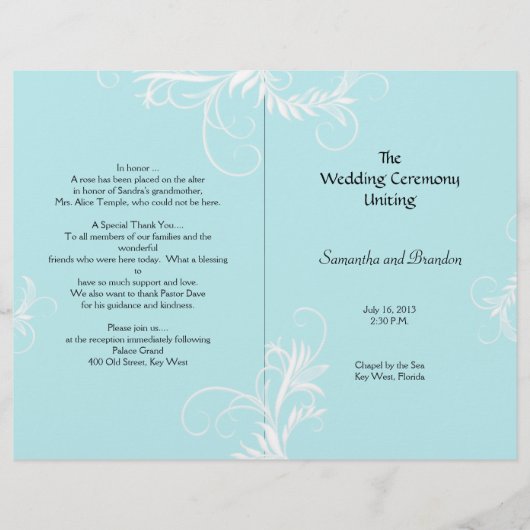 Light Blue Scrollwork Folded Wedding Program (Voorkant)