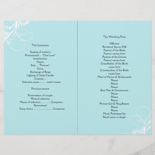 Light Blue Scrollwork Folded Wedding Program (Achterkant)