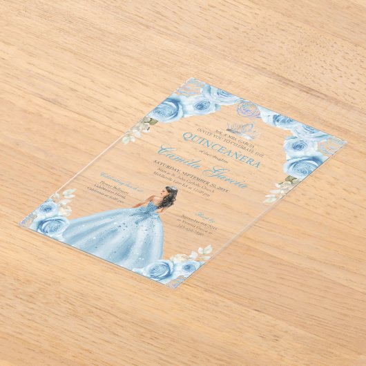 Light Blue & Silver Floral Princess Quinceañera Acryl Uitnodigingen (Laagn)