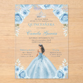 Light Blue & Silver Floral Princess Quinceañera Acryl Uitnodigingen