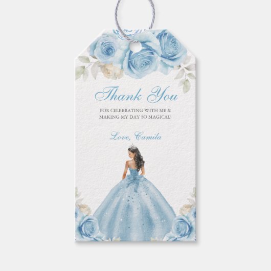Light Blue & Silver Floral Princess Quinceañera Cadeaulabel (Voorkant)