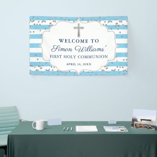 Light Blue Silver Glitter First Heilige Communie Spandoek (Beurs)