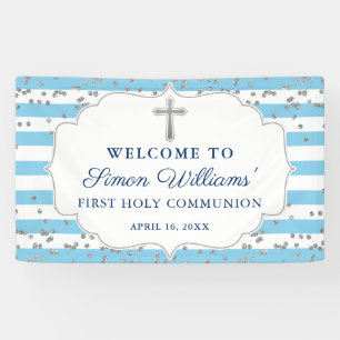 Light Blue Silver Glitter First Heilige Communie Spandoek