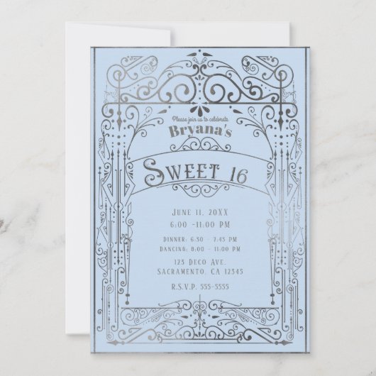 Light Blue & Silver  Victoriaans Sweet 16 Kaart (Voorkant)