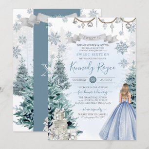 Light Blue Silver Winter Snow Sweet 16 Birthday Kaart
