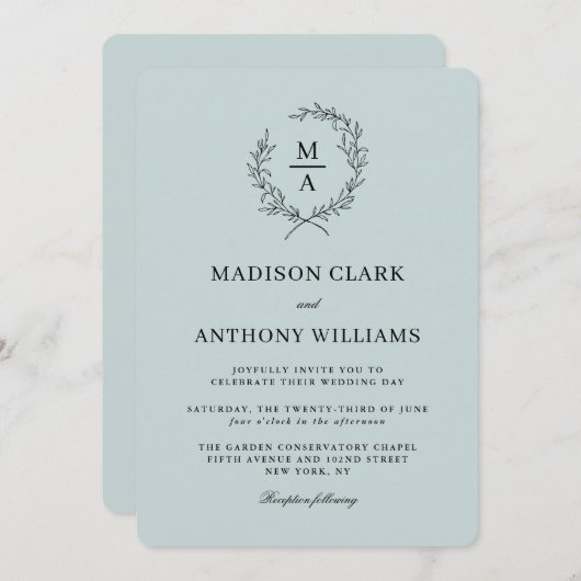 Light Blue Simple Elegant Monogram Weddenschap Kaart (Voorkant / Achterkant)