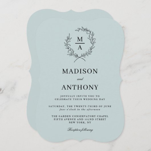 Light Blue Simple Elegant Monogram Weddenschap Kaart (Voorkant / Achterkant)