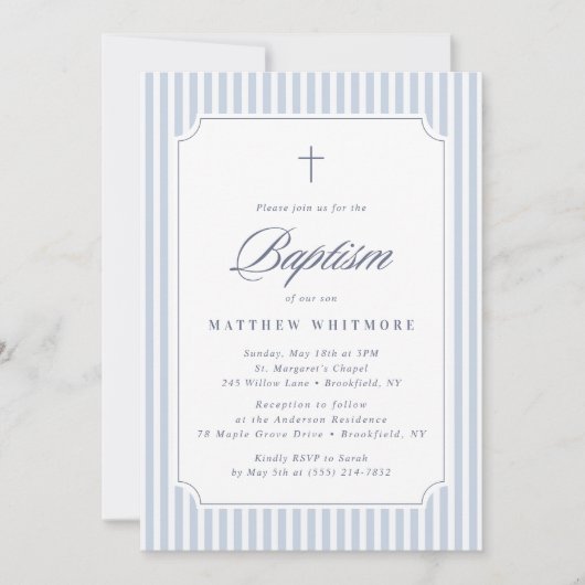 Light Blue Striped Baptism Invitation Kaart (Voorkant)