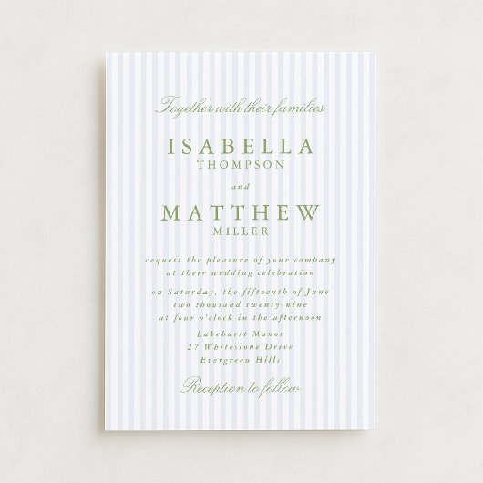 Light Blue Striped Classic Wedding Invitation Kaart