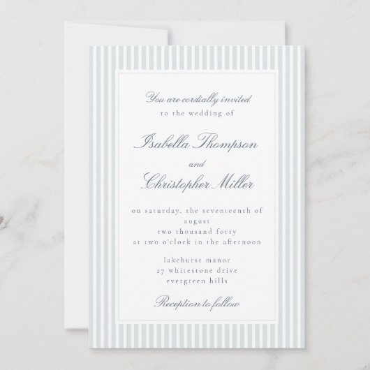 Light Blue Striped Modern Script Wedding Invitatio Kaart (Voorkant)