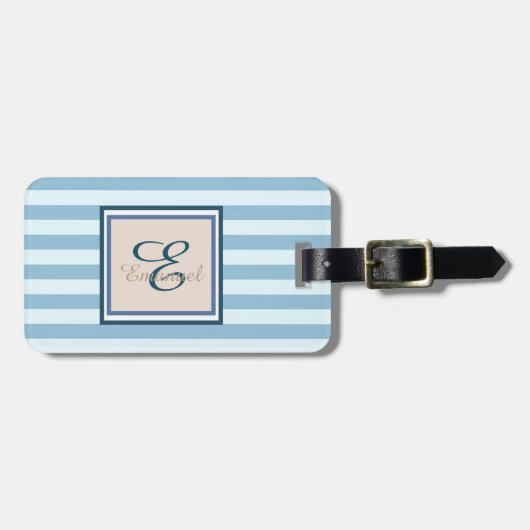 Light Blue Striped Monogram-Personalized Bagagelabel (Voorkant horizontaal)
