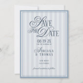 Light Blue Striped Old Money Calligraphy Wedding Save The Date (Voorkant)