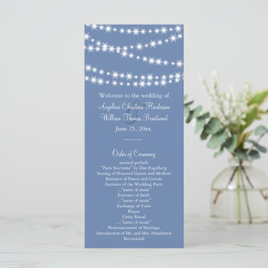 Light Blue Twinkle Lights Wedding Programme Programmakaart (Staand voorkant)