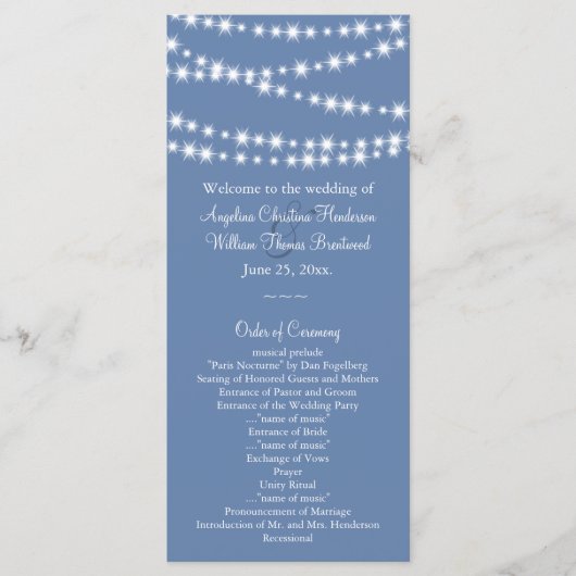 Light Blue Twinkle Lights Wedding Programme Programmakaart (Voorkant)