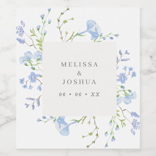 Light Blue Waterverf Floral Personalized Wedding Wijn Etiket (Enkel label)