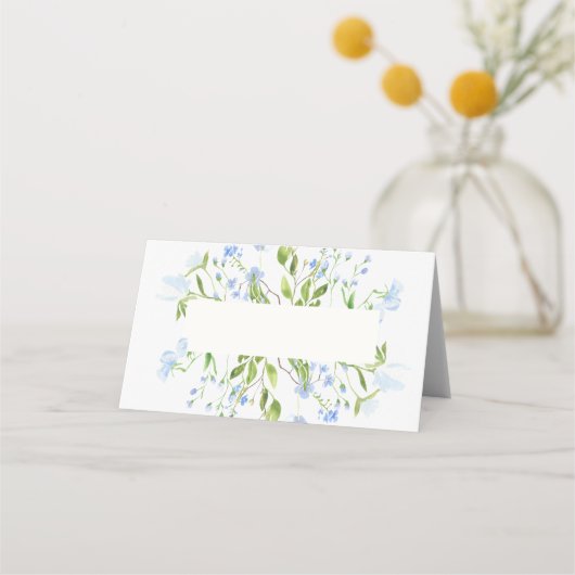 Light Blue Waterverf Flowers Folded Place Card Plaatskaartje (Voorkant)