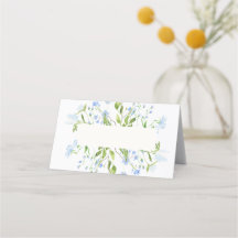 Light Blue Waterverf Flowers Folded Place Card