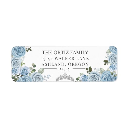Light Blue Waterverf Rozen & Tiara Return-adres Etiket (Voorkant)