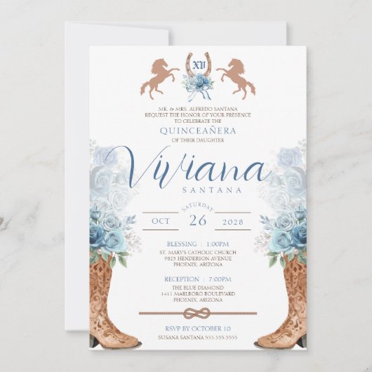 Light Blue Western Charra Quinceanera Kaart (Voorkant)
