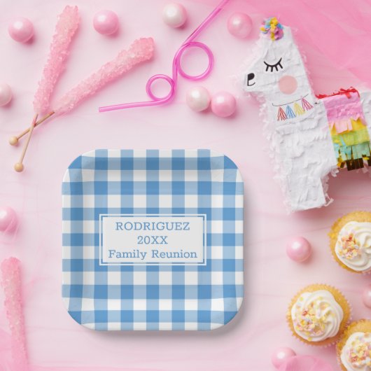 Light Blue White Buffalo Check Family Reunion Papieren Bordje (Feest)