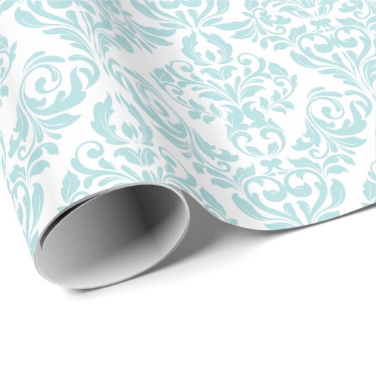 Light Blue White Damask-patroon Cadeaupapier (Rol Hoek)