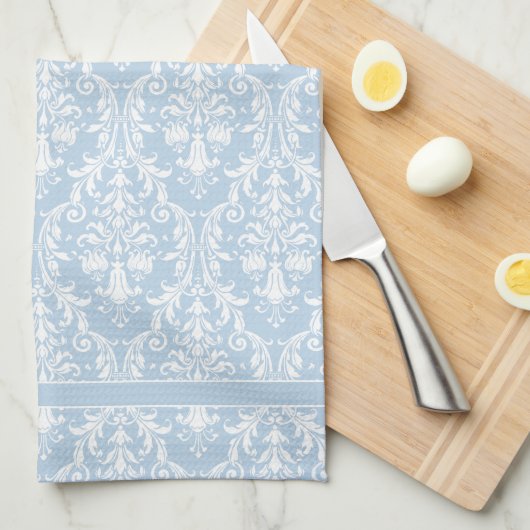 Light Blue White Floral Swirls Damask 4 Monogram Theedoek (Quarter Fold)