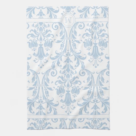 Light Blue White Floral Swirls Damask Monogram Theedoek (Verticaal)