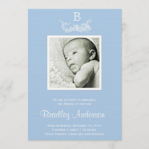 Light Blue White Lijst Monogram Baby Aankondiging