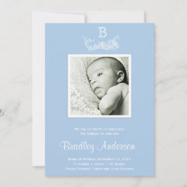 Light Blue White Lijst Monogram Baby Aankondiging