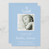 Light Blue White Lijst Monogram Baby Aankondiging (Voorkant / Achterkant)