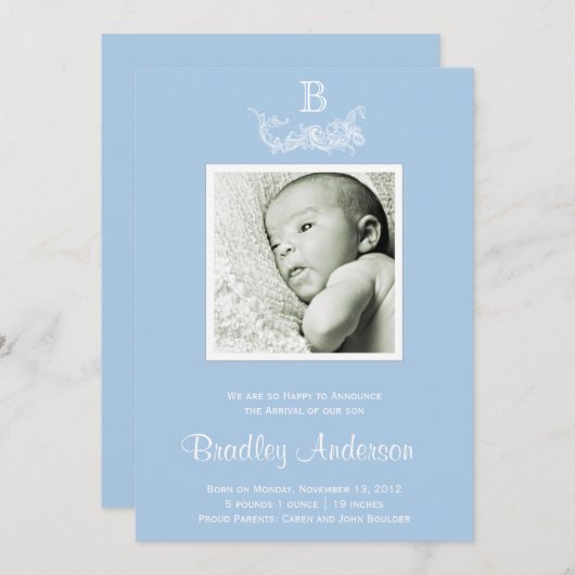 Light Blue White Lijst Monogram Baby Aankondiging (Voorkant / Achterkant)