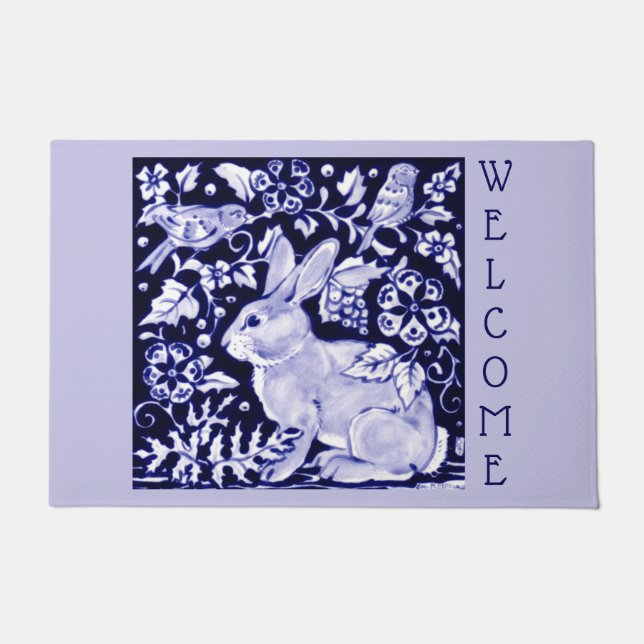 Light Blue & White Rabbit Bird Welcome Dedham Deurmat (Voorkant)