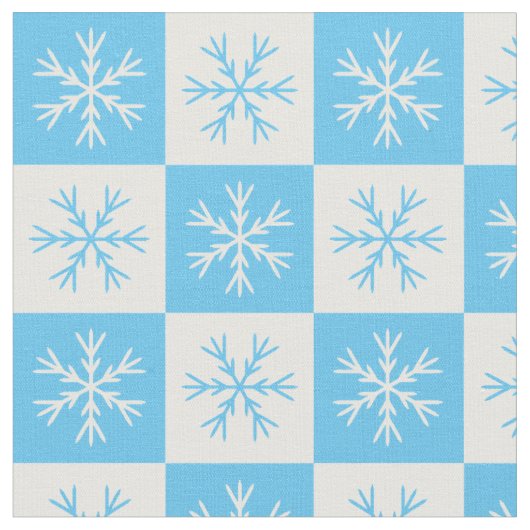 Light Blue White Snowflake Checkered Pattern Stof (Close Up)