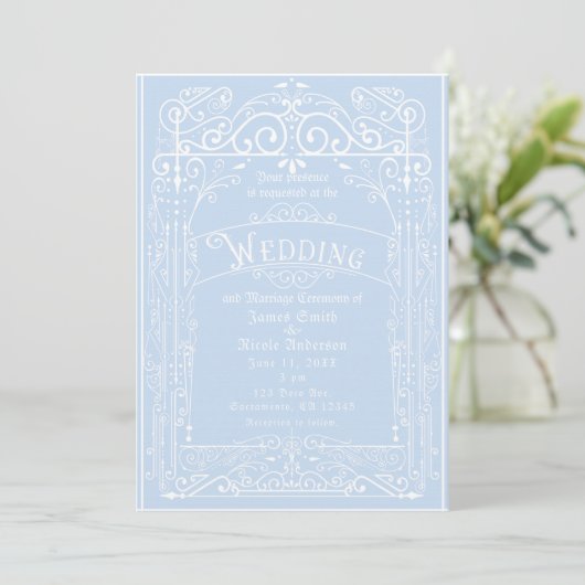 Light Blue & White  Victoriaans deco Wedding Kaart (Staand voorkant)