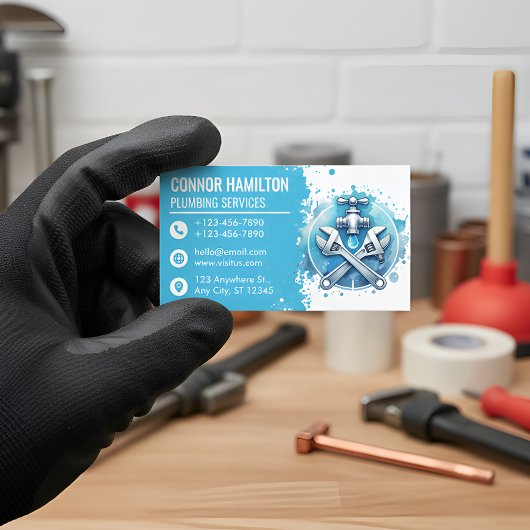 Light Blue White Watercolor Plumbing Logo Visitekaartje