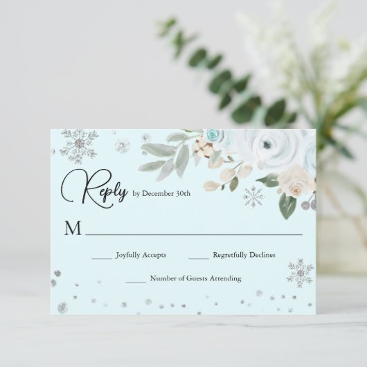 Light Blue Winter Floral RSVP Kaartje (Staand voorkant)